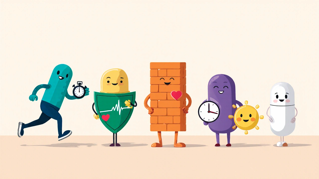 A group of friendly pill characters representing different NSAIDs stand side by side, each showing a clock.