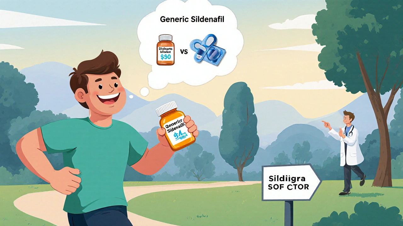 A man jogging with a generic ED pill bottle, comparing prices in a thought bubble near a doctor.