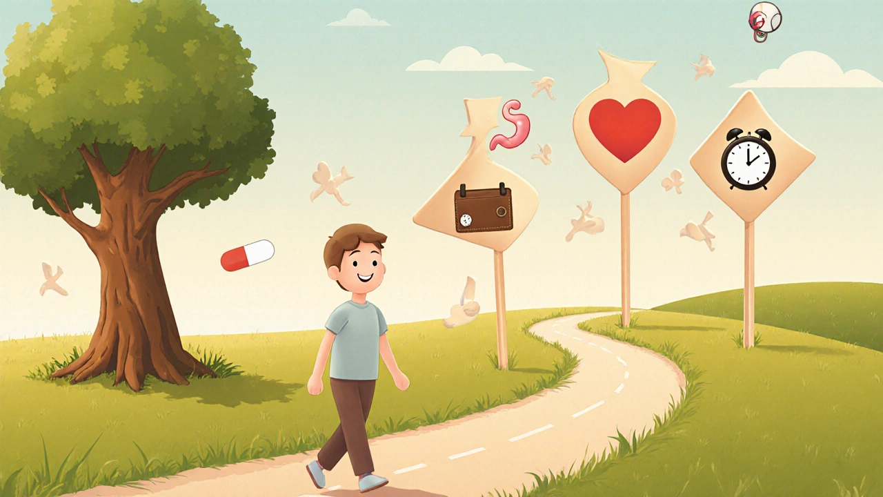 A patient walks along a road with signposts for stomach, heart, and dosing, indicating NSAID choices.