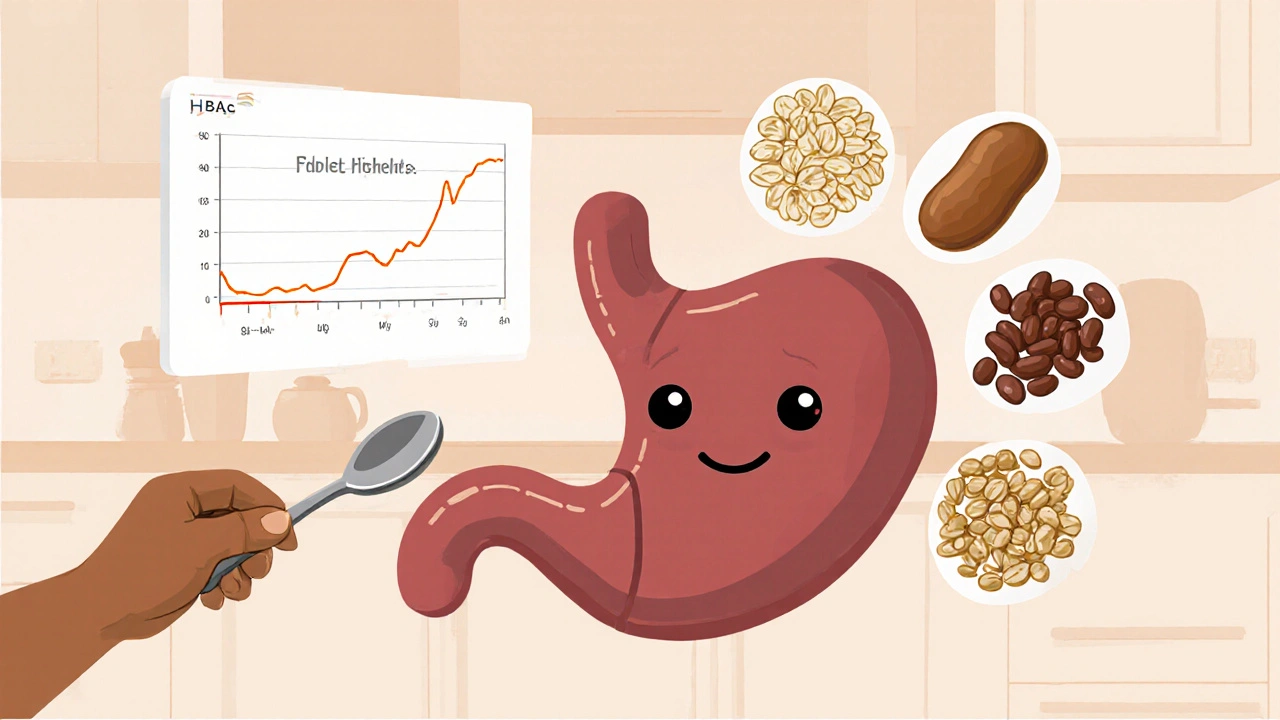 Animated pancreas surrounded by fiber foods and a flattened blood‑sugar curve.