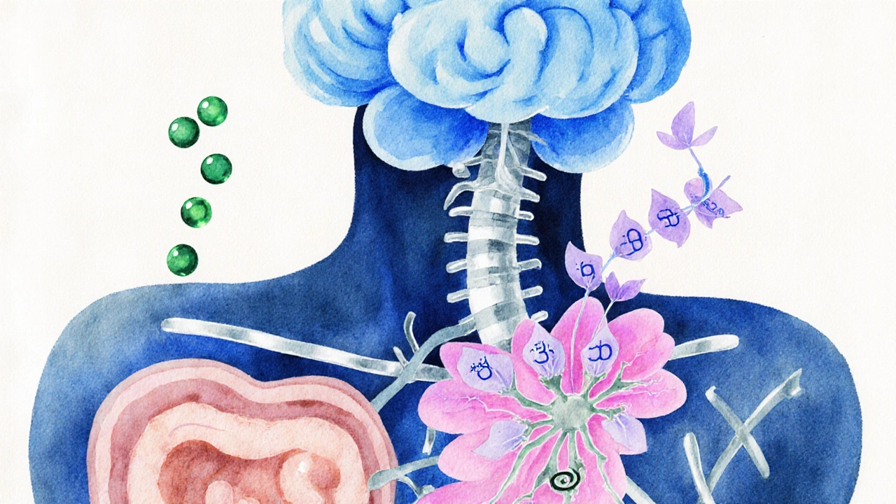 Artistic cross‑section showing estrogen receptors on neurons and serotonin pathways to the brain.