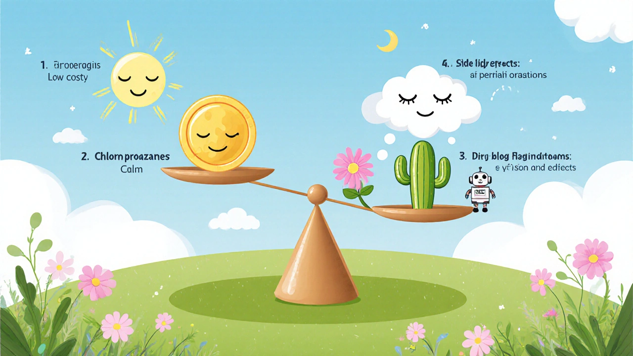 Balancing scale with icons of benefits on one side and side effects on the other in a meadow.
