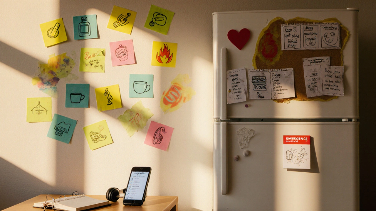 Bedroom wall with visual checklist, journal, and phone for emergency contacts.