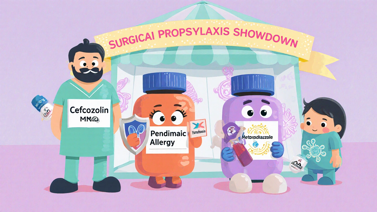 Cartoon antibiotics competing in a surgical prophylaxis fair with visual traits