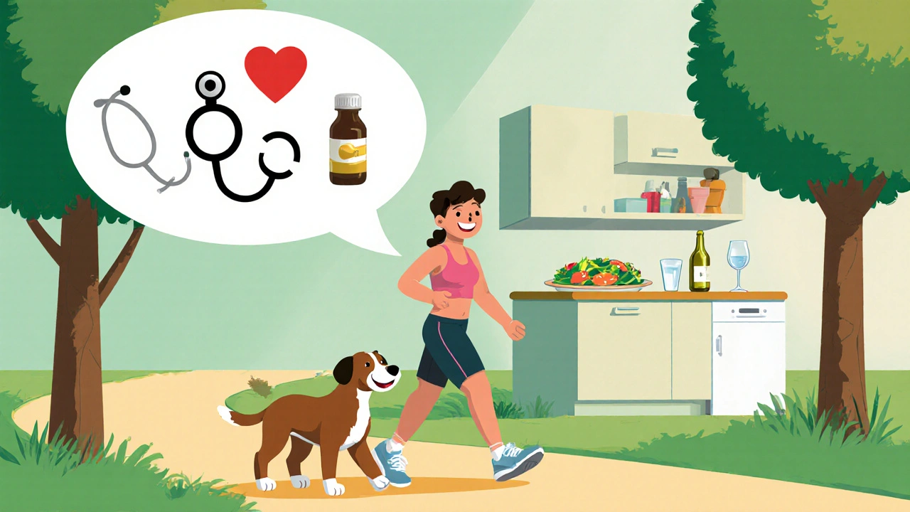 Cartoon character walking with dog, showing healthy lifestyle and medication icons.
