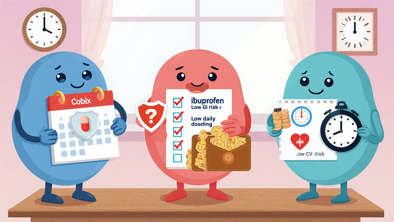 Cartoon checklist showing pill characters for Cobix, ibuprofen, and naproxen with symbols for GI safety, heart risk, dosing, and price.