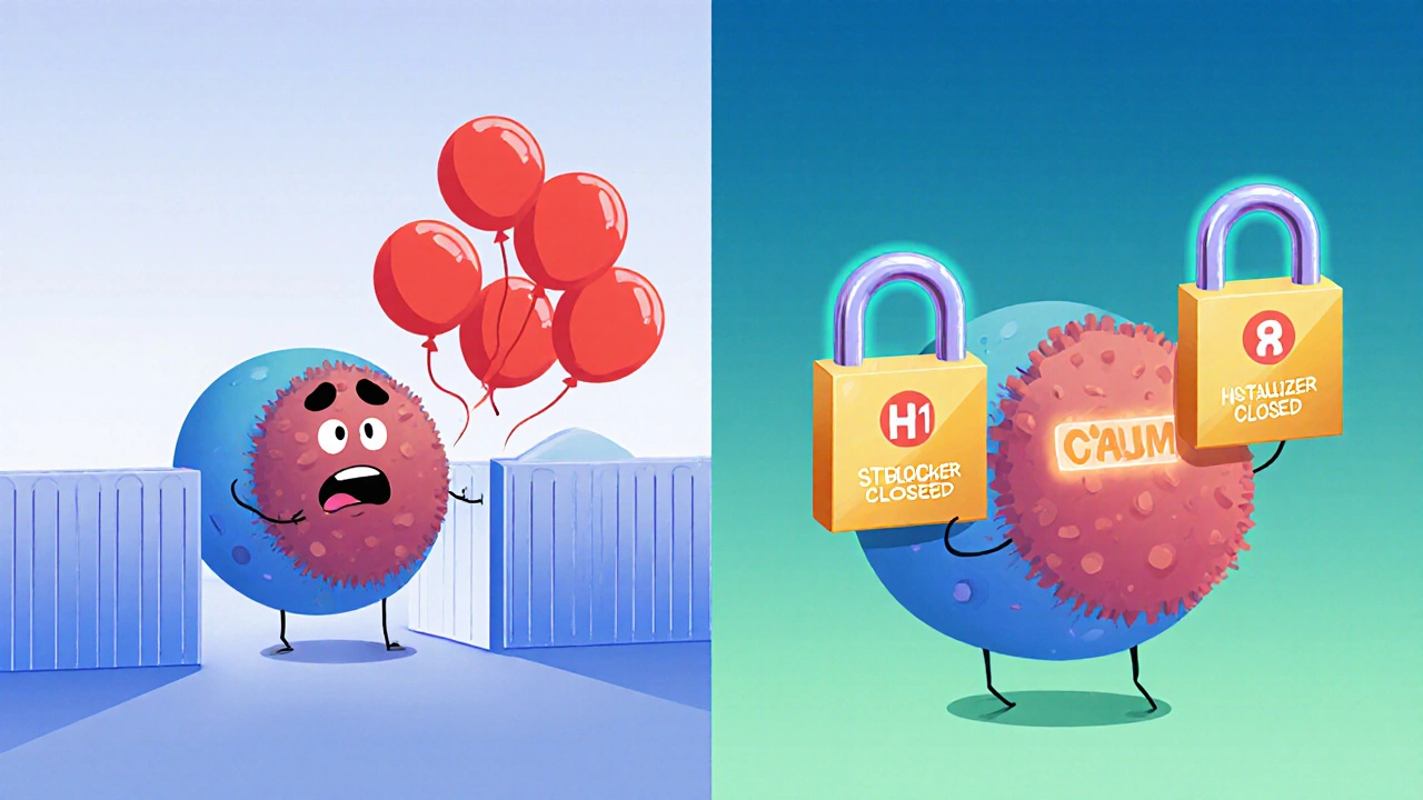 Cartoon mast cell with locks showing Ketotifen stabilizing it and blocking histamine release.