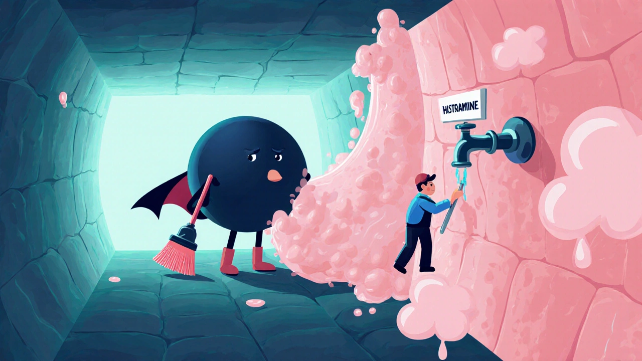 Cartoon nose tunnel showing a steroid superhero cleaning inflammation and a plumber antihistamine stopping a histamine leak.