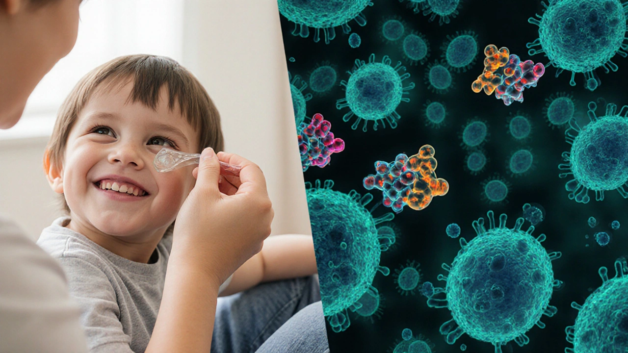 Child receiving eye drops while a microscopic view shows besifloxacin attacking bacteria.
