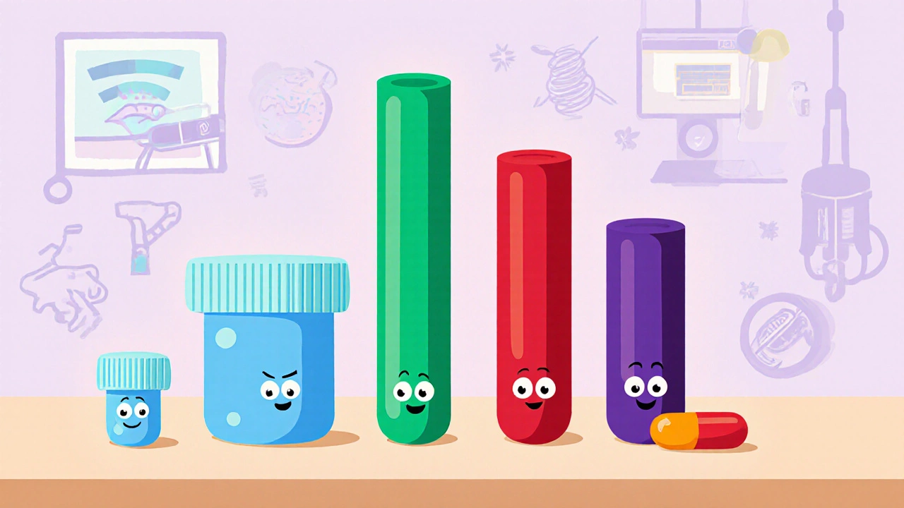 Color‑coded steroid tubes displayed in order of potency with use icons.