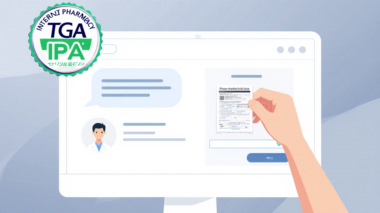Computer screen showing pharmacy verification badge and chat with pharmacist.
