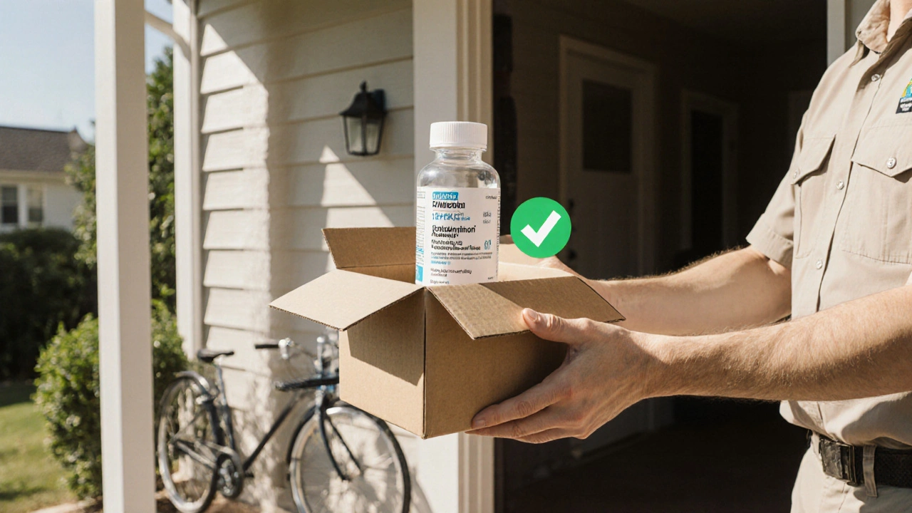 Courier delivering a box containing a verified generic Tylenol bottle.