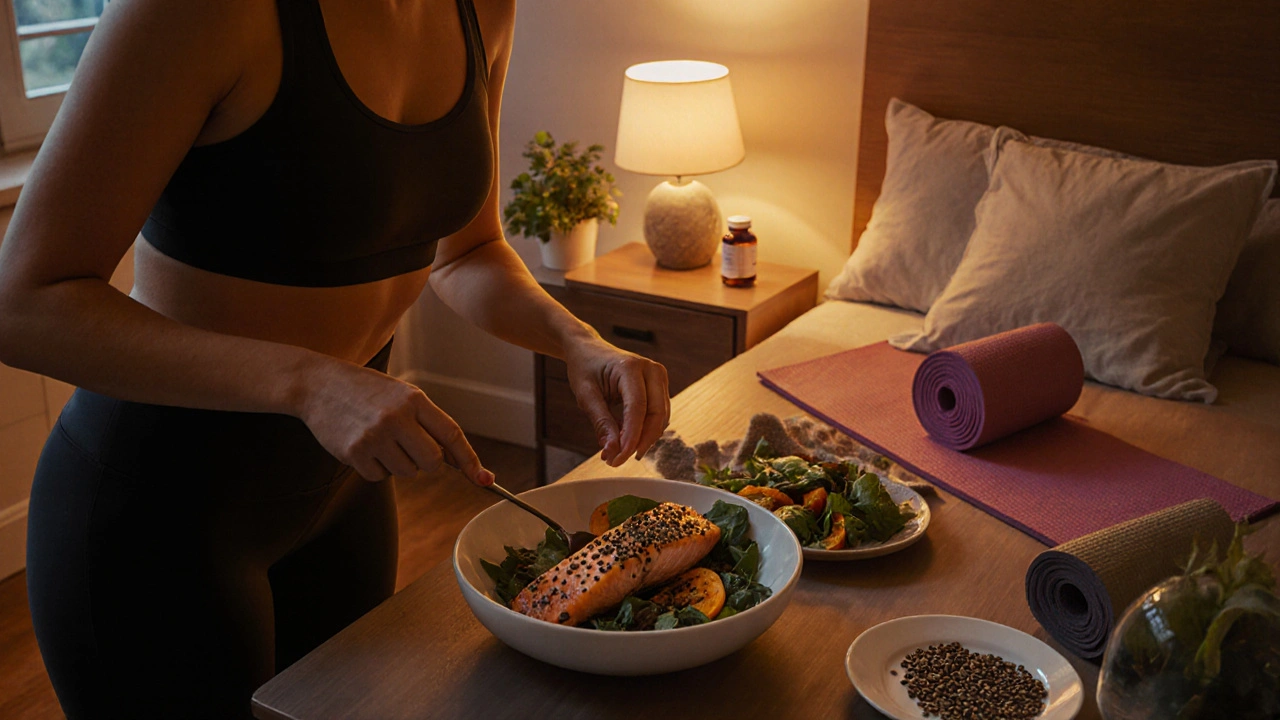 Cozy kitchen with woman preparing healthy Mediterranean food, yoga mat, and bedtime supplements.
