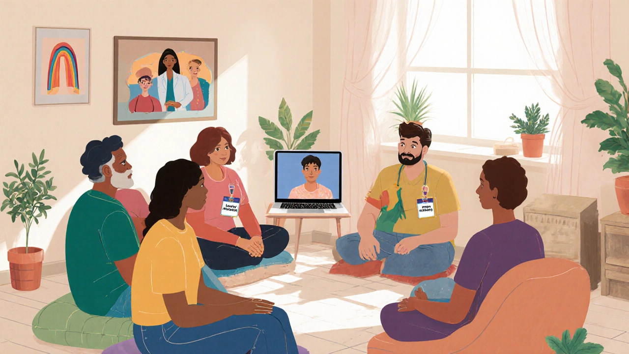Diverse queer group in a circle with therapist, laptop showing remote participant, warm inclusive community space.