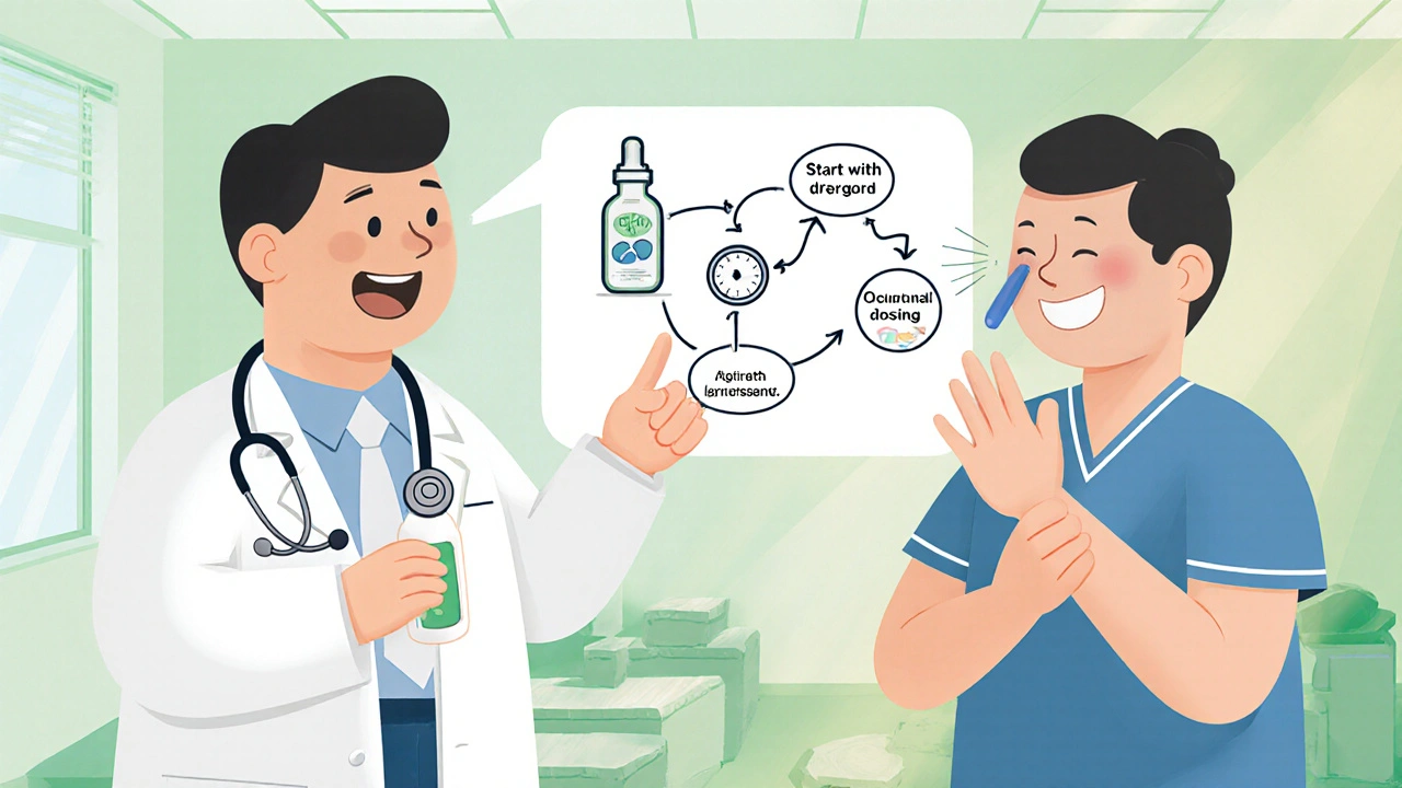 Doctor and patient cartoon characters demonstrating combined spray and pill use with a simple flow‑chart.