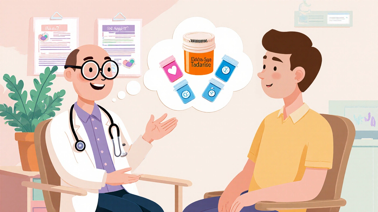 Doctor and patient discussing single combo tablet versus separate pills.