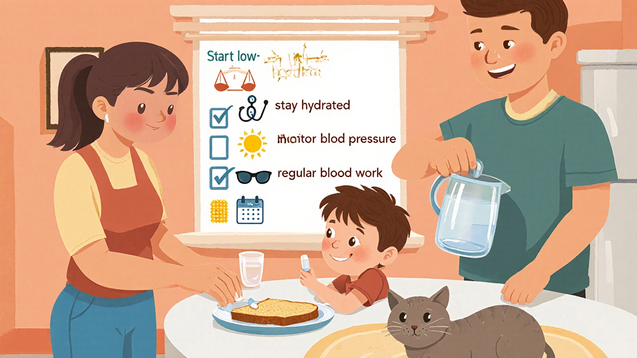 Family at breakfast with pill on toast, water glass, and checklist of medication tips.