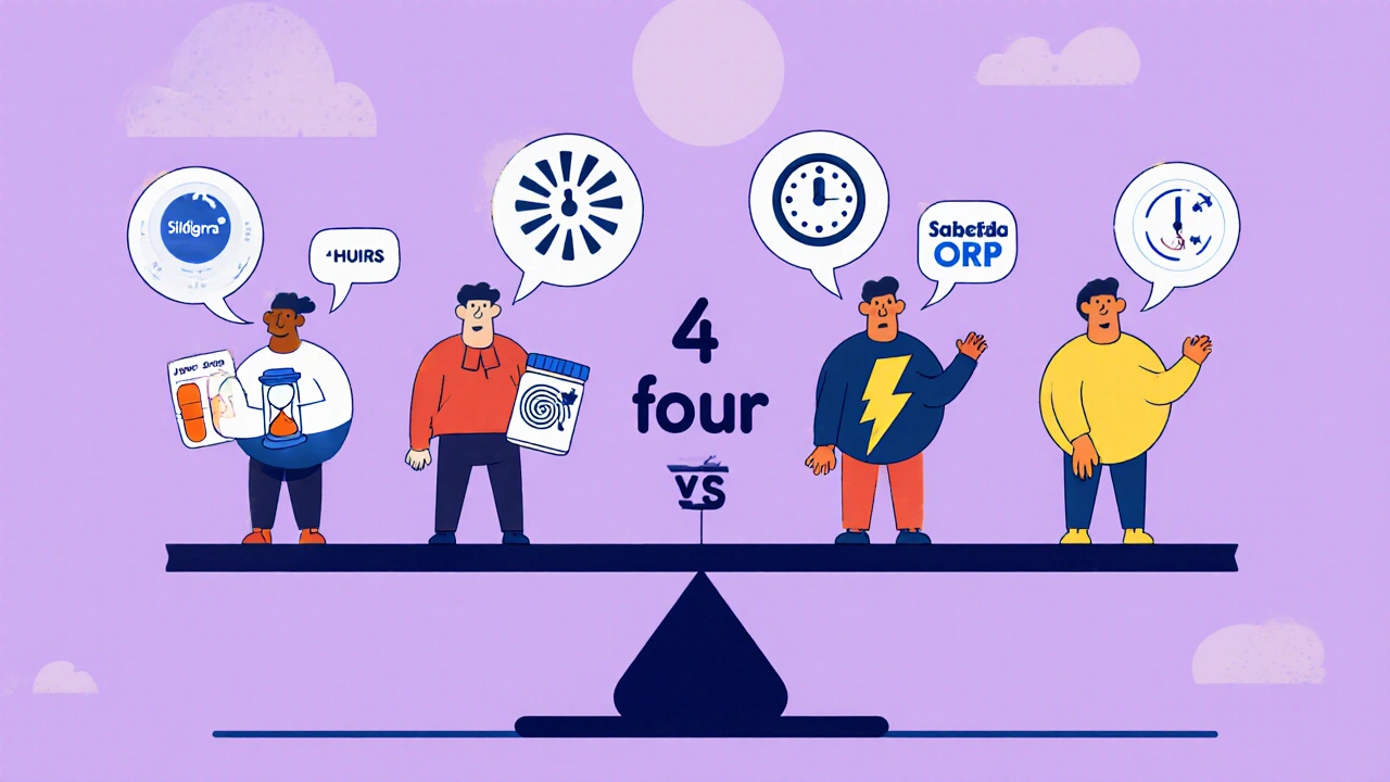 Four cartoon characters representing ED medications, each with unique time-themed accessories.