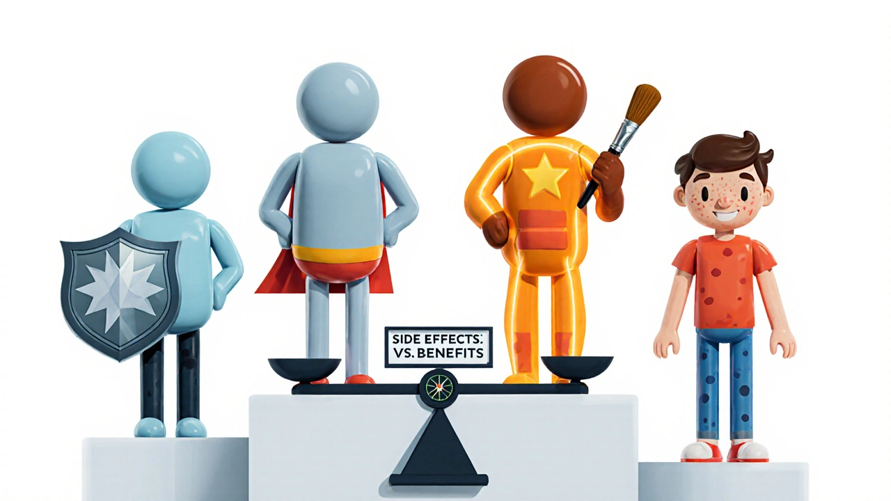 Four drug characters on a podium with a balance scale showing benefits and side effects.