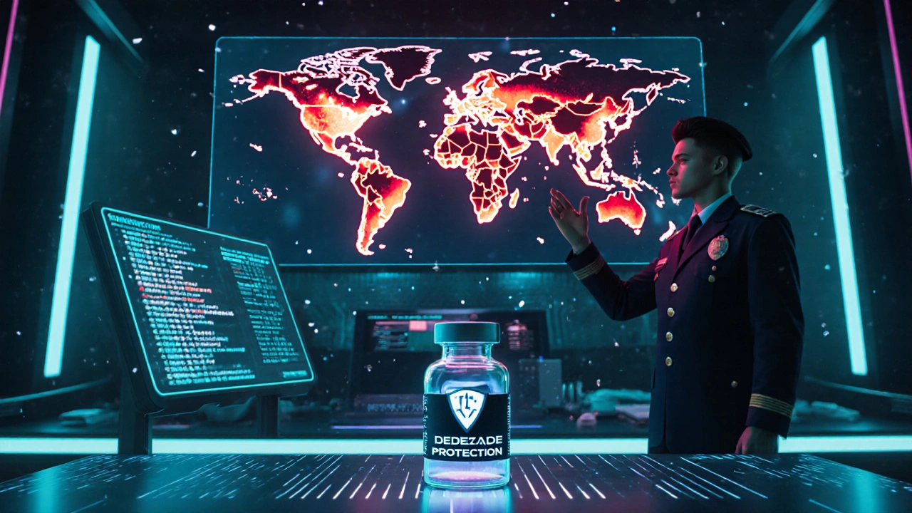 Futuristic control room with AI‑generated flu outbreak map and a universal flu vaccine vial.