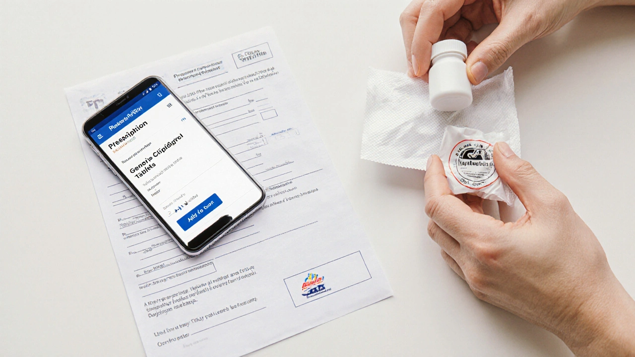 Hands placing a prescription beside a phone adding generic clopidogrel to a cart, then packing the bottle.