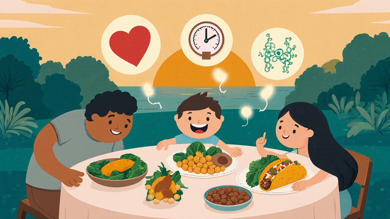 Happy family sharing a plant‑based dinner with heart, blood pressure, and gut microbe icons.