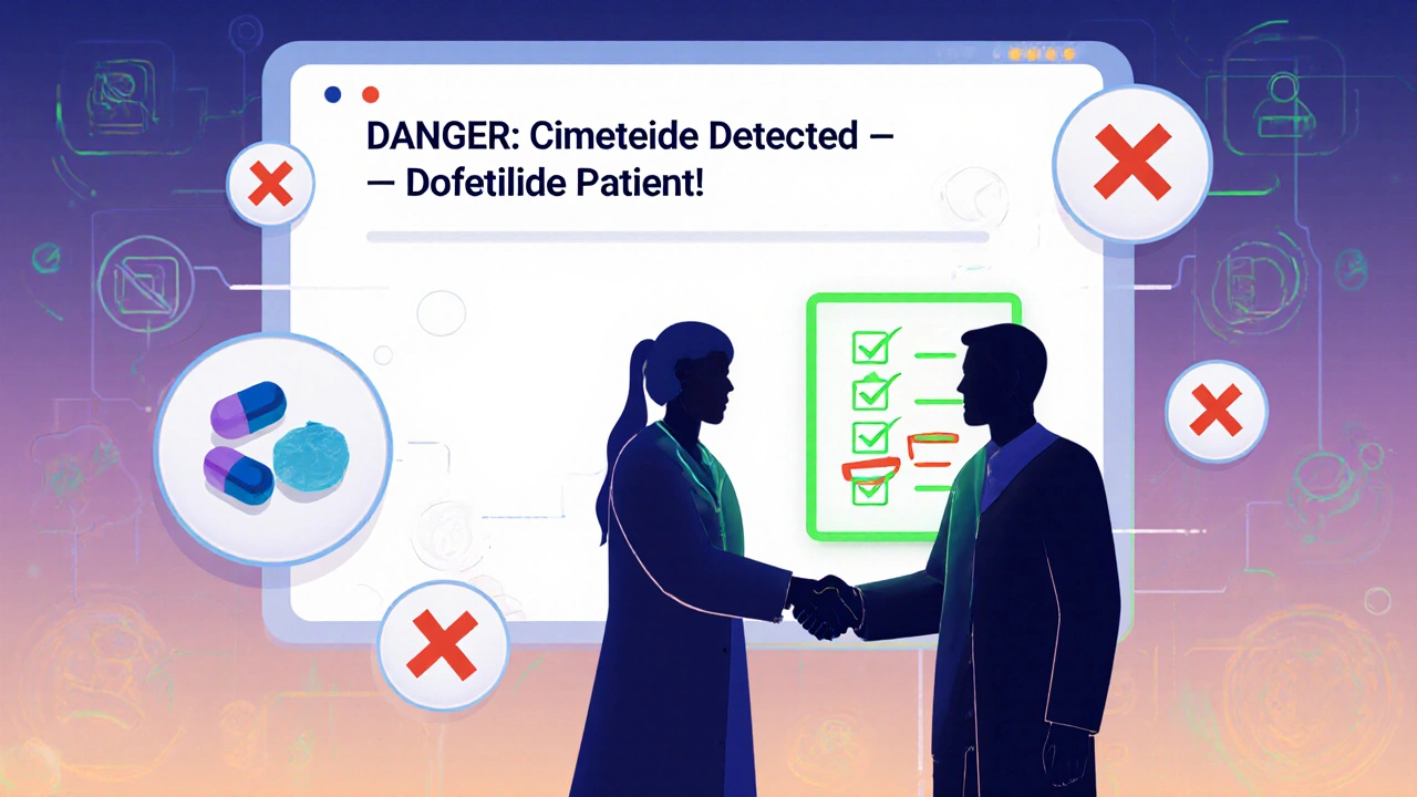 Hospital screen showing AI alert blocking cimetidine for a dofetilide patient
