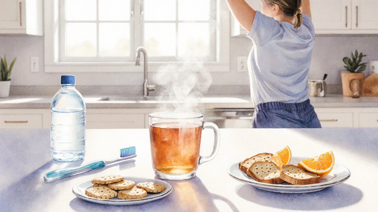Kitchen scene with ginger tea, small meals, toothbrush, and gentle stretching.