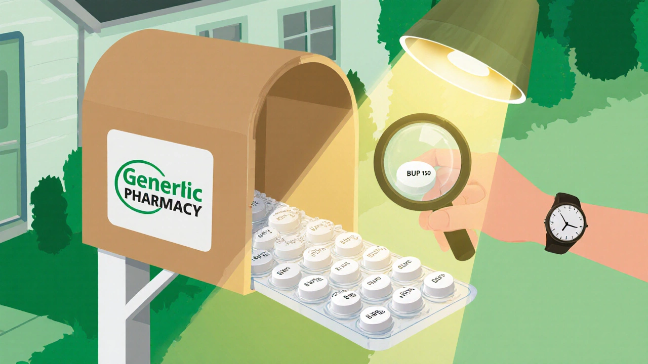 Mailbox with box of generic tablets, hand inspecting a tablet under light.