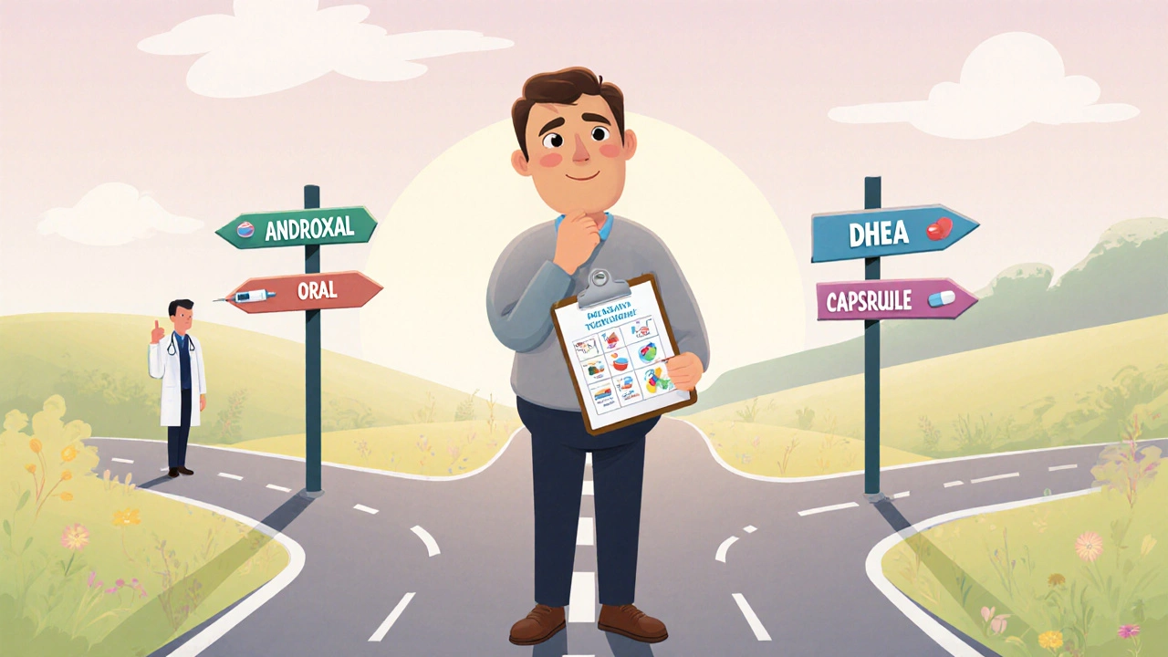 Man at a crossroads choosing between Androxal pill, HCG injection, and DHEA capsule, holding a lab results clipboard.