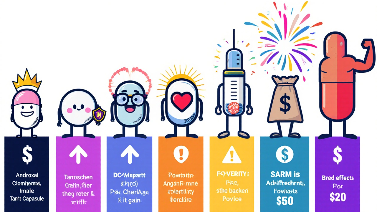 Mascot characters representing Androxal, Clomiphene, Tamoxifen, HCG, DHEA, DAA, and SARMs with icons for efficacy and cost.