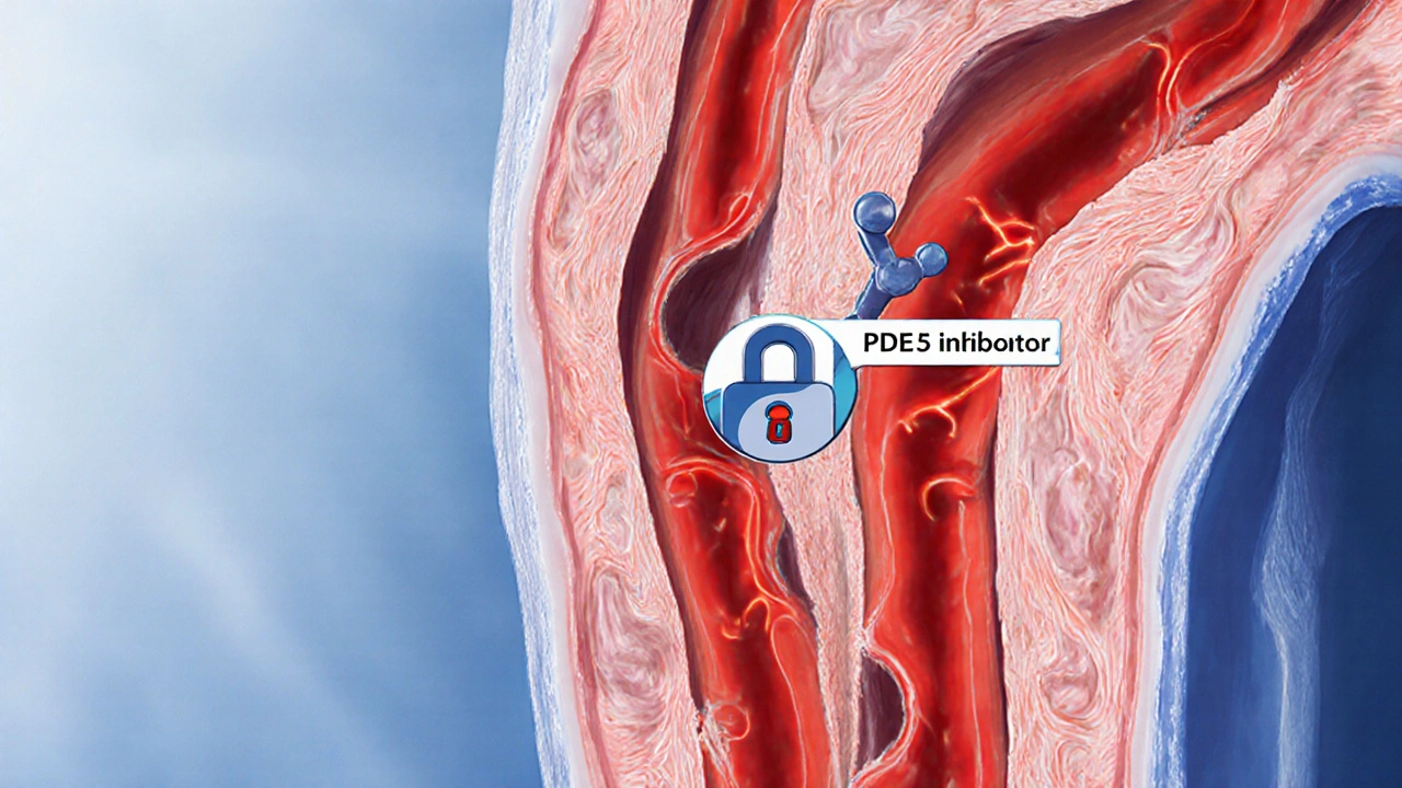 Medical illustration of relaxed penile arteries with a molecule blocking an enzyme.