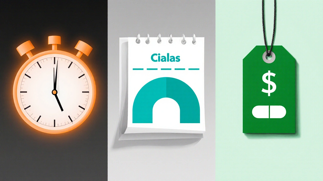 Montage showing a 15‑minute stopwatch, a 36‑hour calendar highlight, and a price tag with a pill.