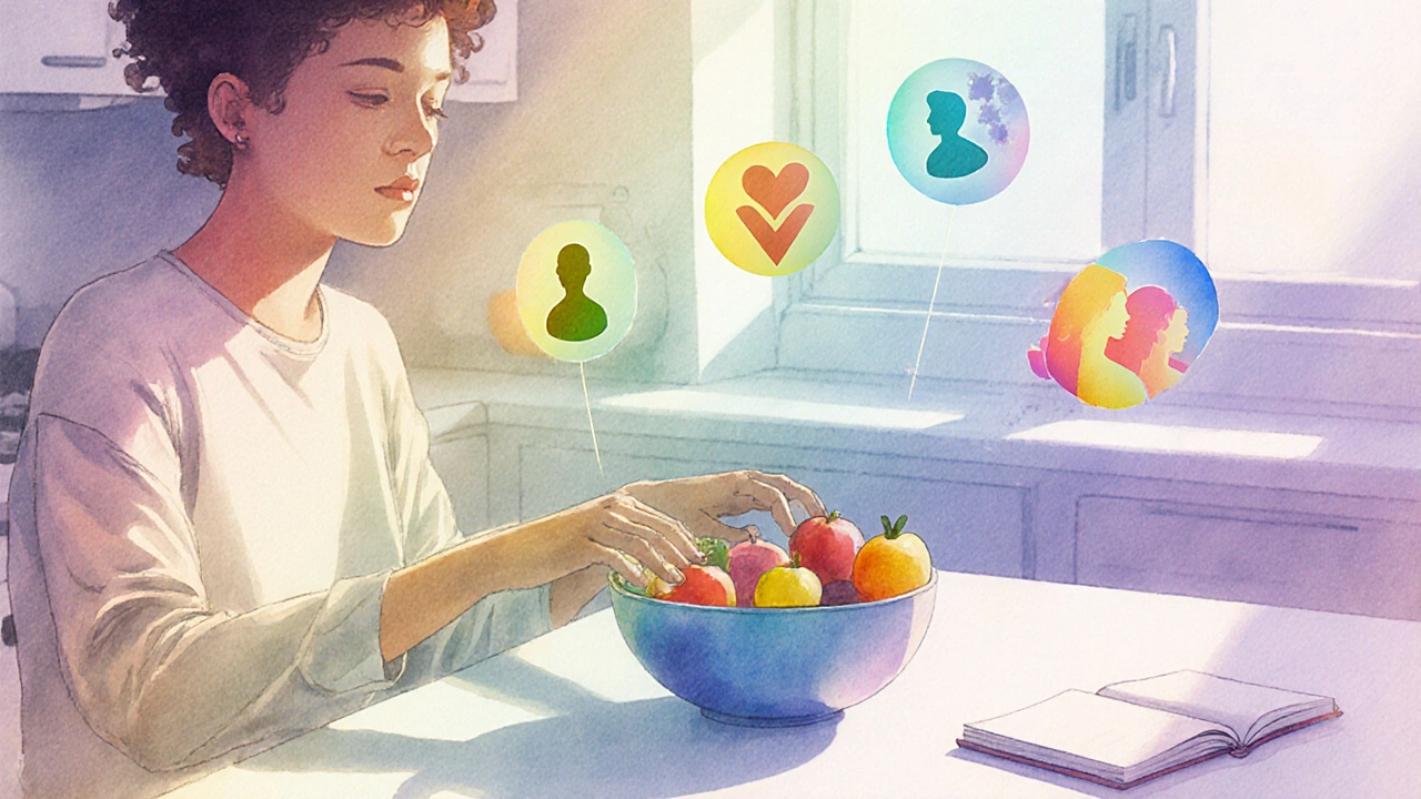 Non‑binary person practicing mindful eating at a sunlit table, surrounded by subtle icons of self‑care.
