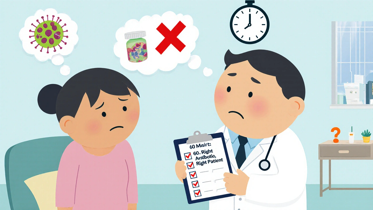 Patient and doctor discussing antibiotic choice with risk and timing thought bubbles