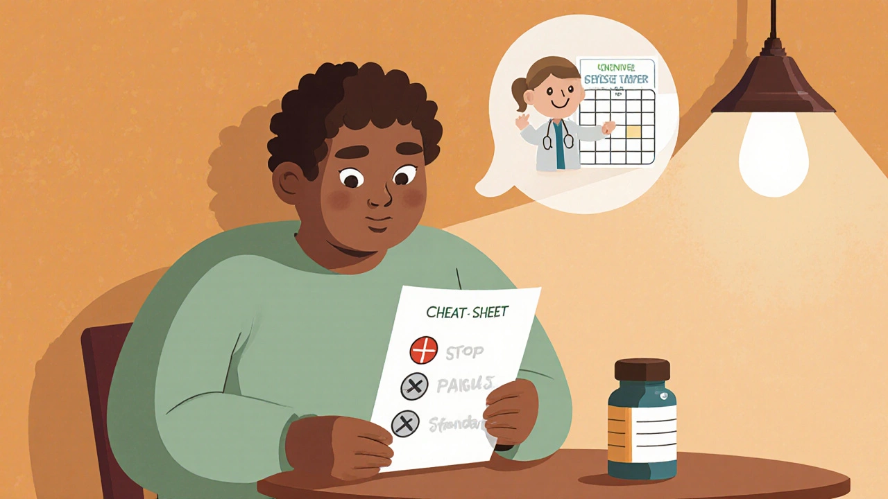 Patient reviews a cheat‑sheet at home while a doctor’s thought bubble suggests a taper plan.