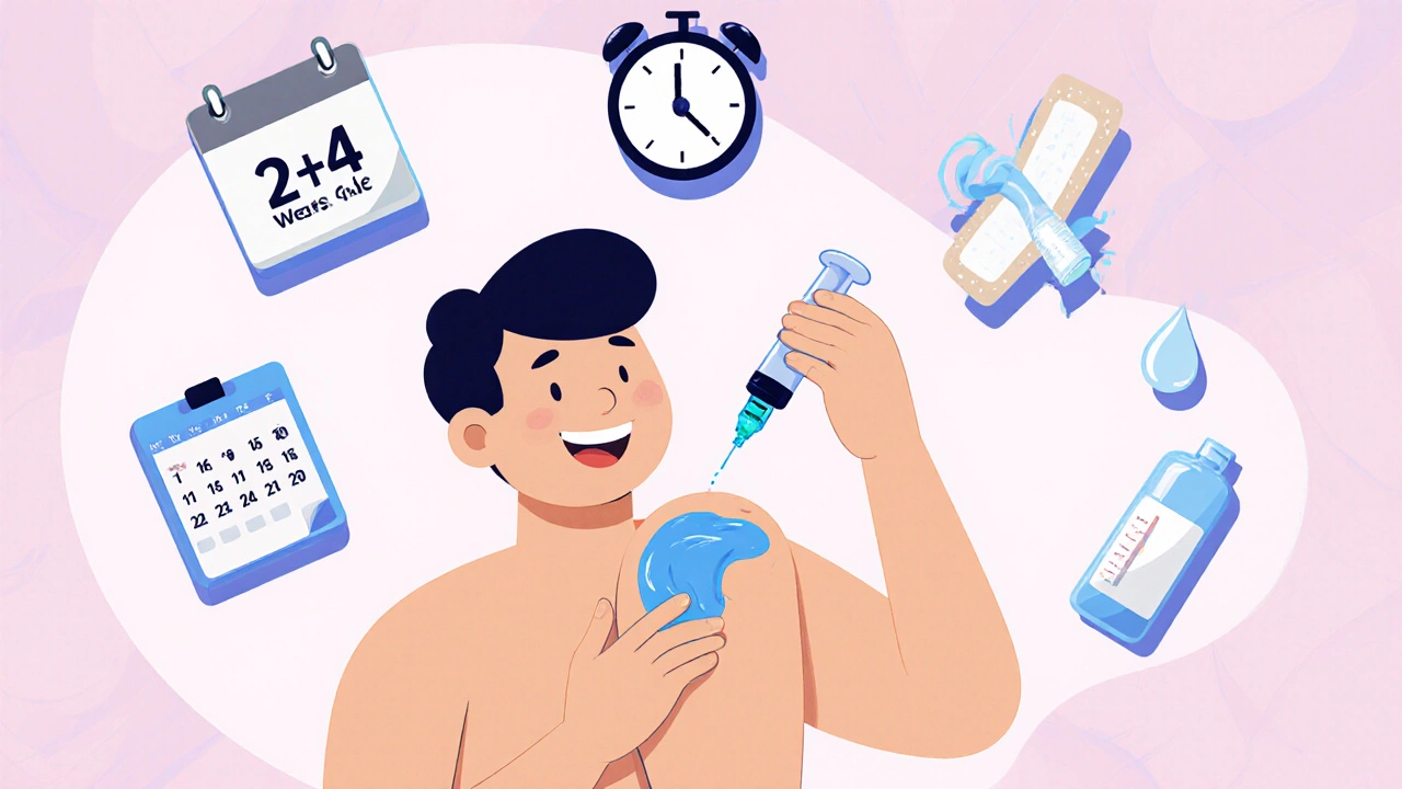Patient using cream on knee and throat, with icons for timing and care.
