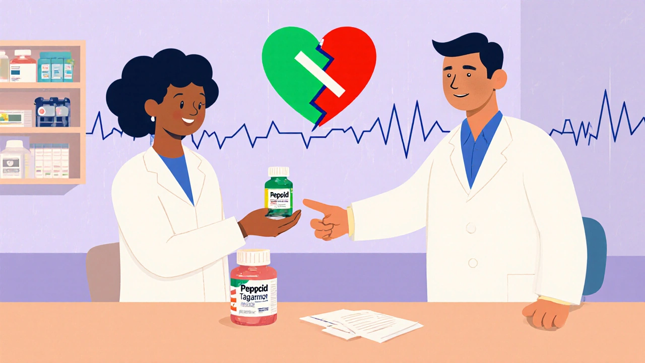Pharmacist offering safe Pepcid while blocking Tagamet with a red X symbol