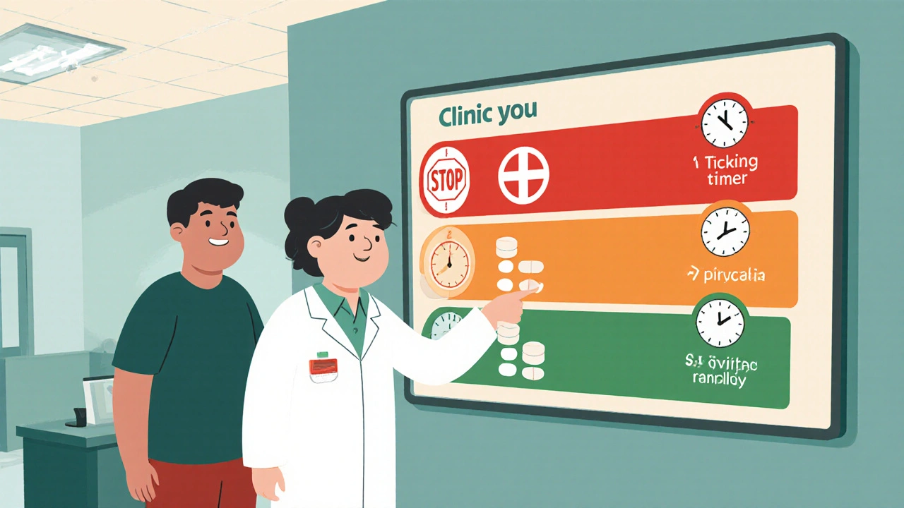 Pharmacist points to a colorful three‑section chart showing stop, pause, and taper options.