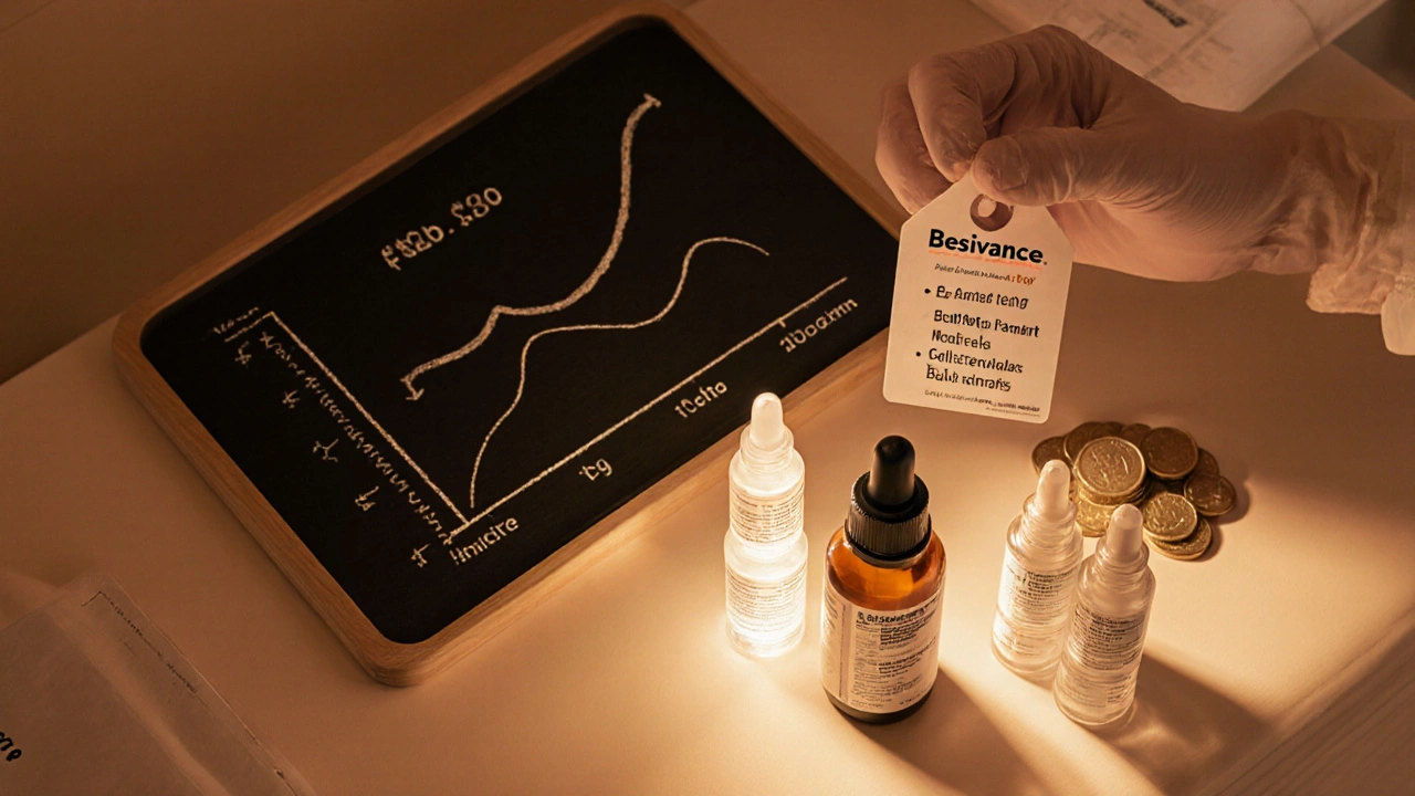 Pharmacy counter with Besivance bottle, price symbols, and a subtle resistance‑rate illustration.