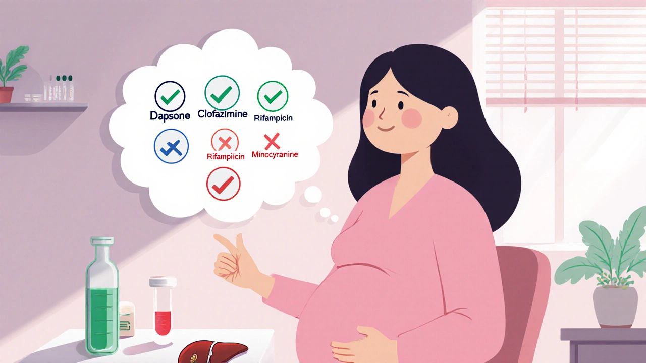 Pregnant patient discussing drug options with doctor, showing monitoring icons.