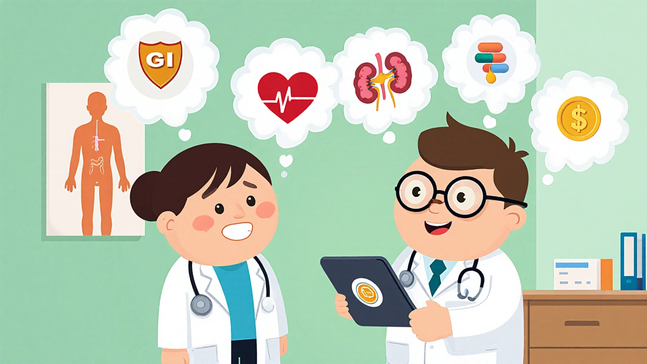 Rounded cartoon doctor and patient discuss medication risks with icons for stomach, heart, kidney, and cost.