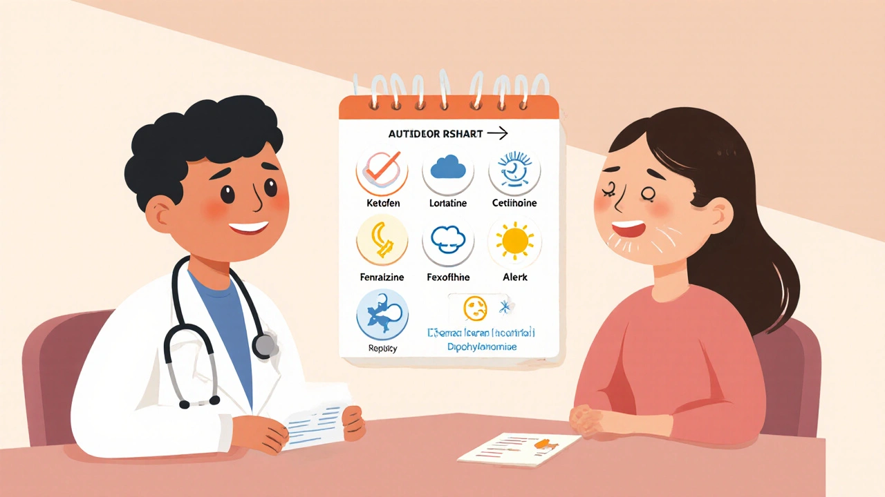 Rounded doctor and patient reviewing a friendly decision chart of antihistamines, highlighting Ketotifen.