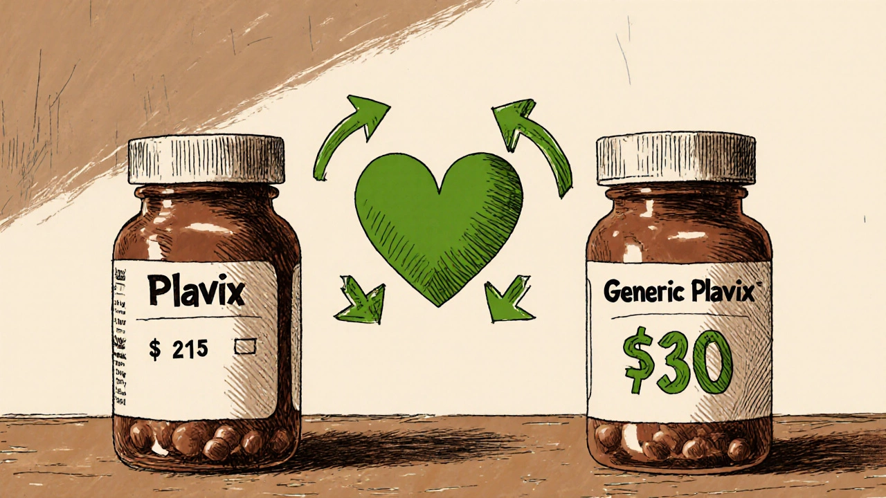Side‑by‑side brand and generic pill bottles with price tags and a heart symbol indicating savings.