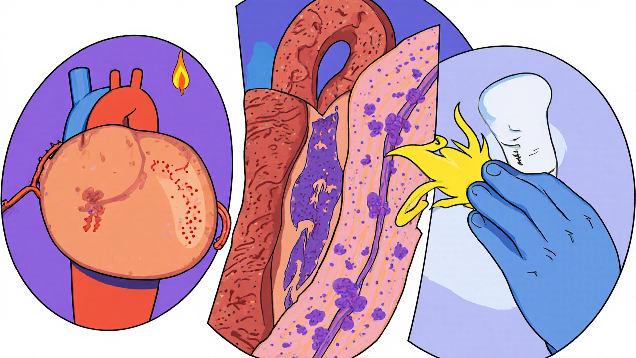 Split illustration of lupus heart issues: pericarditis, myocarditis, atherosclerosis, APS clot, Raynaud&#039;s.
