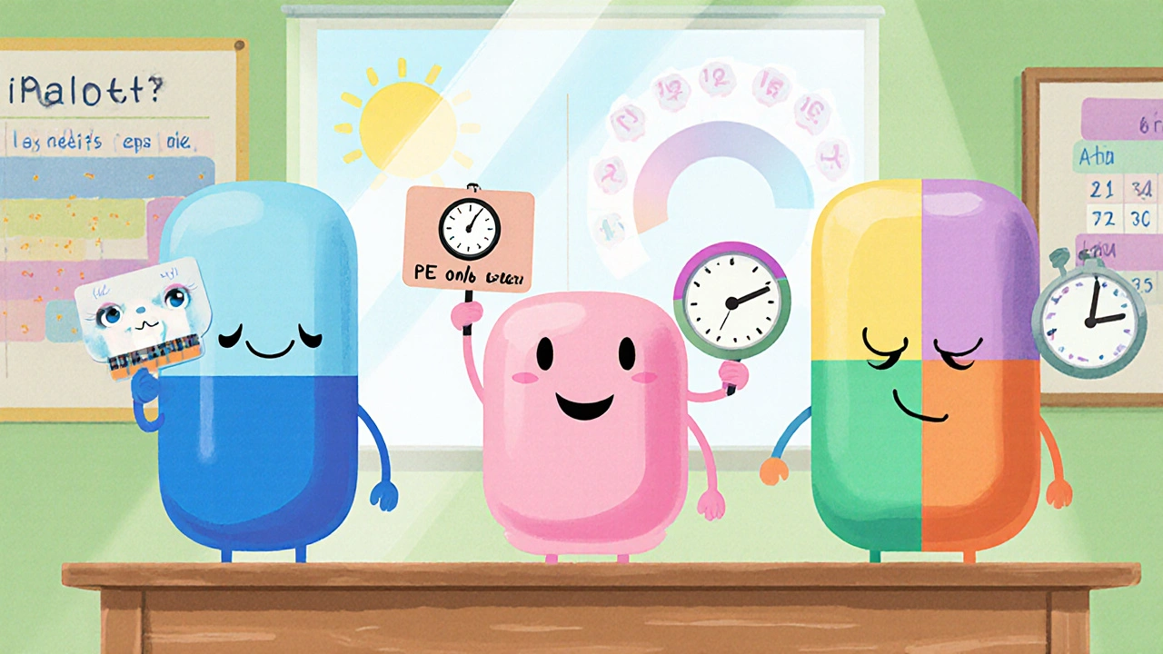 Three cartoon pills representing ED, PE, and combo options on a table with clocks.