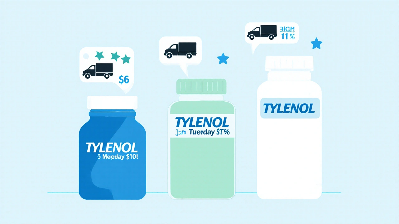 Three generic Tylenol bottles with price tags and rating icons.