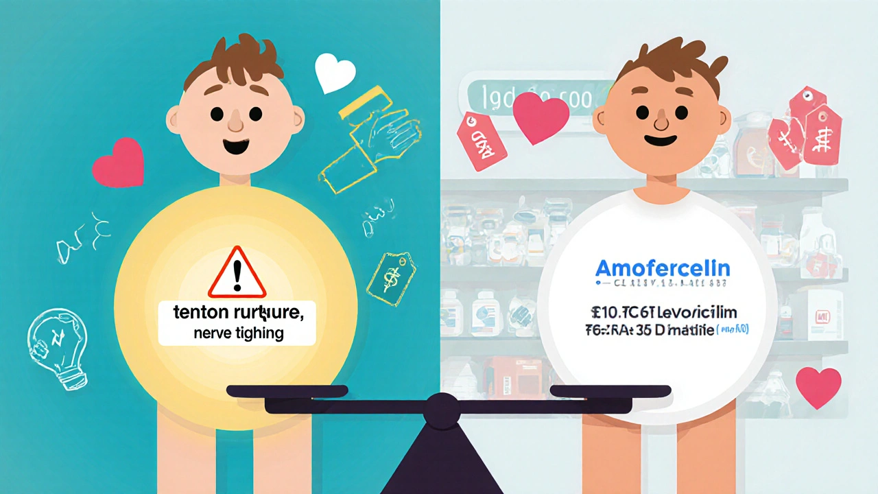 Two cartoon bodies comparing side effects of levofloxacin versus amoxicillin with cost labels