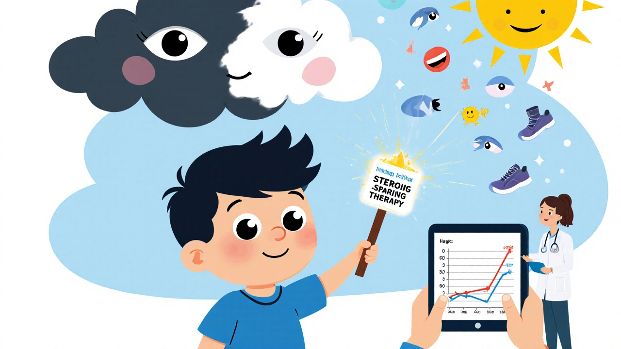 A child using steroid-sparing therapy to turn eye inflammation into sunshine, with health icons rising around them.