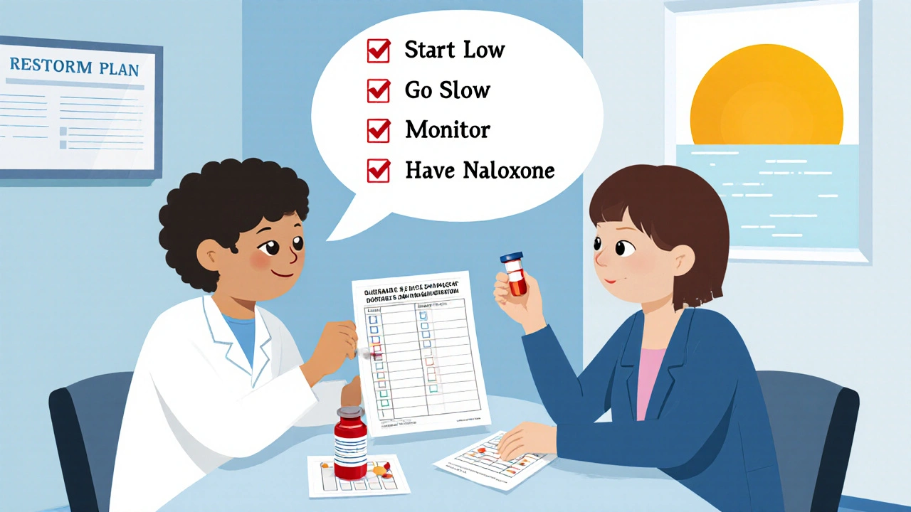 A doctor and patient reviewing a safe medication restart plan at a clinic table.